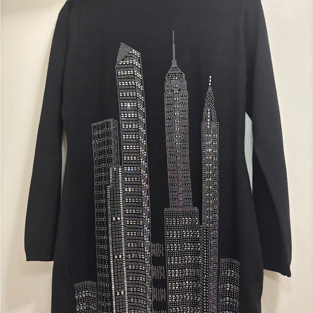 Black Sweater dress with Rhinestone Cityscape Design